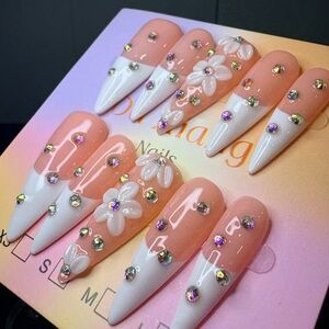 Press-On Stiletto Nails - Pink & White Floral Rhinestone Set